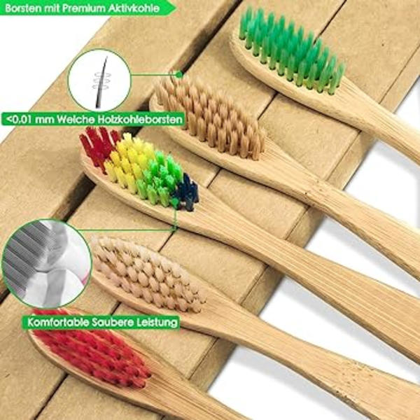 Förpackning med 10 mjuka tandborstar i bambu, premium tandborsteborstar, 100 % BPA-fri, plastfri