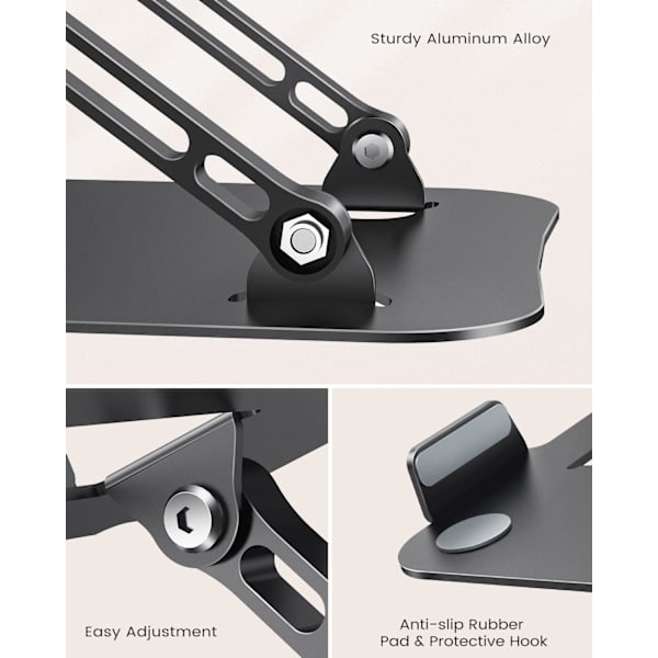 Bärbar datorstativ, hopfällbar bärbar datorstativ i aluminium, höjdjusterbar ventilerad bärbar datorstativ, ergonomiskt stativ för stationär dator, svart