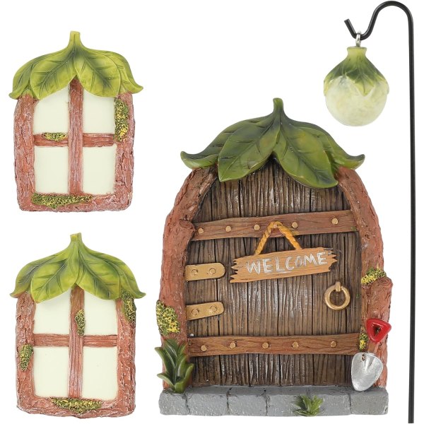 Fairy Door, Wicked Door Trädgårdsdekoration, Miniatyr Elf Dörr och Fönster för Utomhus Träddekoration Lysande Trädgårdsdörr för present
