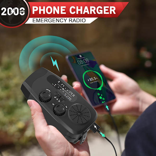 Vevradio med solcellshandvevad ficklampa - 2000mAh power - svart och röd