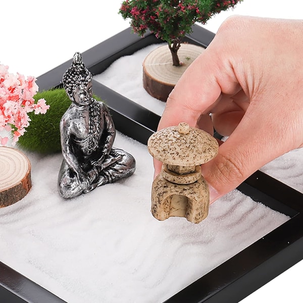 Hiceeden Zen Set för skrivbord, 21,5 x 17,5 cm Japanskt Mini Zen Trädgårdstillbehör, Sandbricka, Set, Meditationspresent