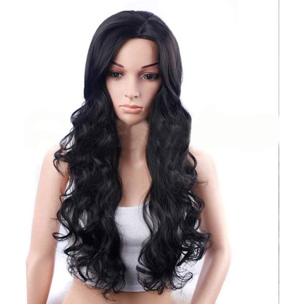 Hårförlängningar Fashian Peruk Svart Kvinna Långt lockigt hår Big Wave Oblique Bangs Fluffy Wig (Färg: Svart, Storlek: 23,5 tum)