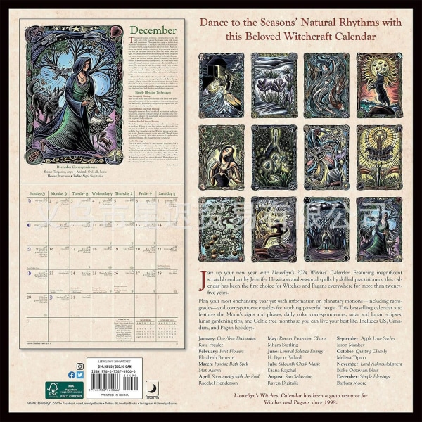 2024 Häxkalender - 30 X 30 cm 2024 Witch Wall Calendar - Dark Forest Lunar Calendar | Kalender Färgglada Waterink Väggkalendrar - Vägg