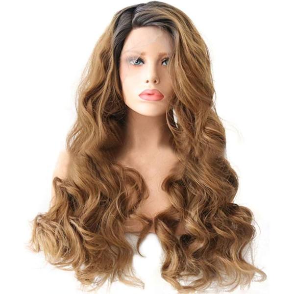 Hårförlängningar Fashian Fiber Front Spets Peruk Blandad Färg Brun Big Wave Halv Handkrok Halv Mekanism Peruk (Färg: Fotofärg, Storlek: 24