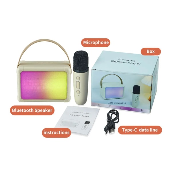 Högtalare med 2 karaokemikrofoner, bärbar Bluetooth karaoke-högtalare för barn och vuxna med LED-ljus, present för flickor och pojkar (beige)