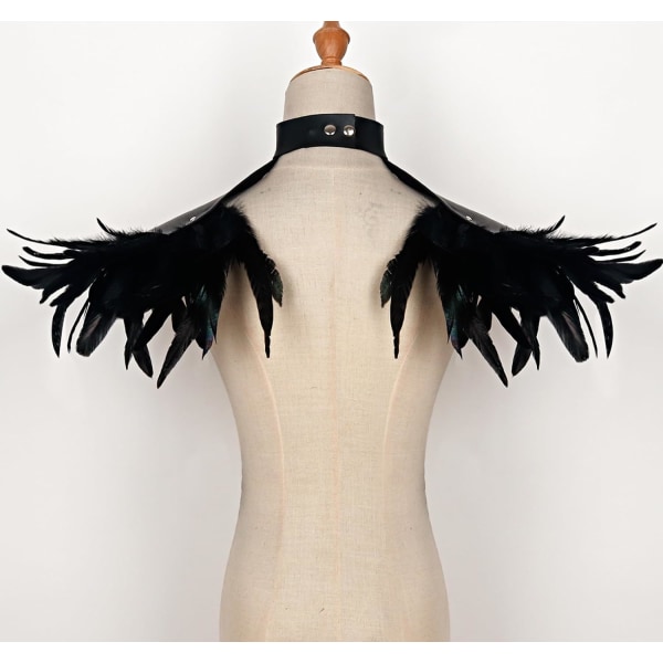 Gothic fjäder axelklaffar Bolero Epauletter Punk Läder vårkappa med choker ving axel för Halloween (C-Schwarz-001)