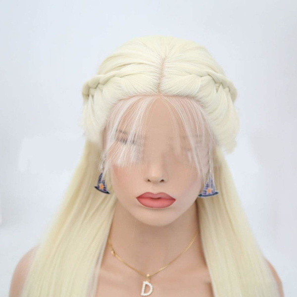 Hair Extensions Fashian Wig damer mellanlångt rakt hår flätade flätor främre spetsar kemiska fiberperuker (Färg: Krämvit, Storlek: 22
