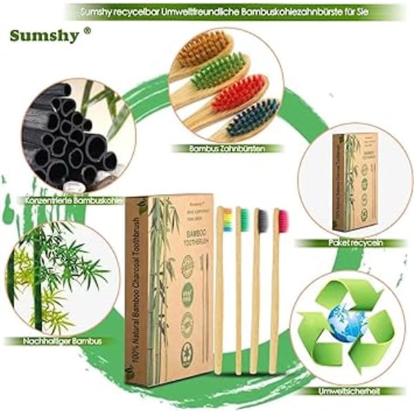 Förpackning med 10 mjuka tandborstar i bambu, premium tandborsteborstar, 100 % BPA-fri, plastfri