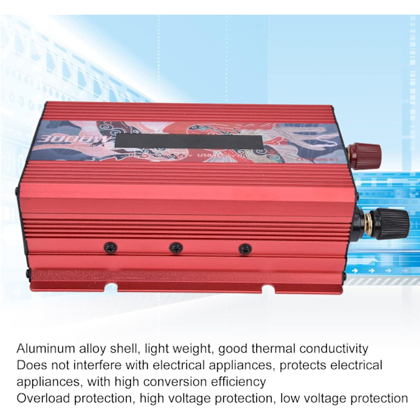 Inverter 12V till 240V, Pure Sine Wave Inverter, 3000W Car Inverter, Power Inverter med Display Aluminiumlegering, för TV, Kylskåp,