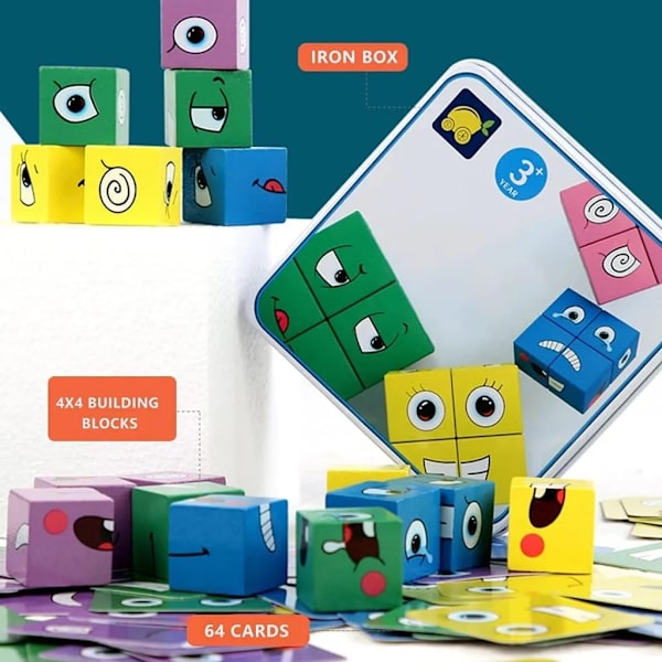 Färgglada Rubiks kub Byggklossar Set Expression IQ Pussel Interaktivt spel Ansikte Ändra Tänk Träning Trä