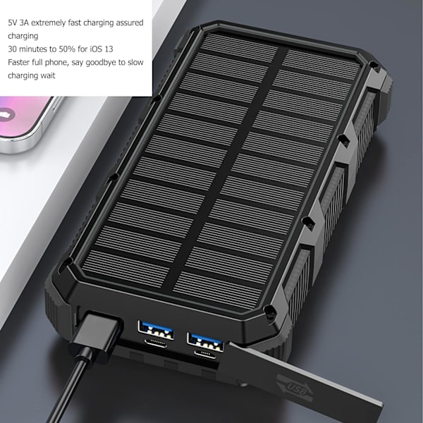 Solar Power Bank, Dammtät Bärbar 5V 3A Solar Phone Power Bank 3 USB ABS med LED-ljus för camping (svart)