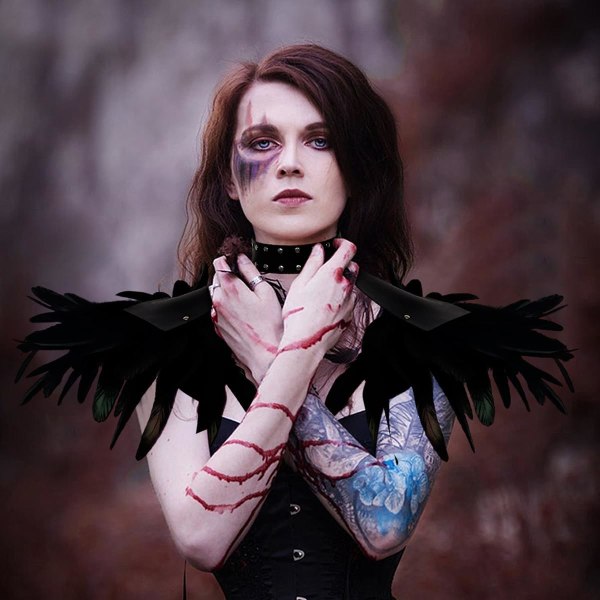 Gothic fjäder axelklaffar Bolero Epauletter Punk Läder vårkappa med choker ving axel för Halloween (C-Schwarz-001)