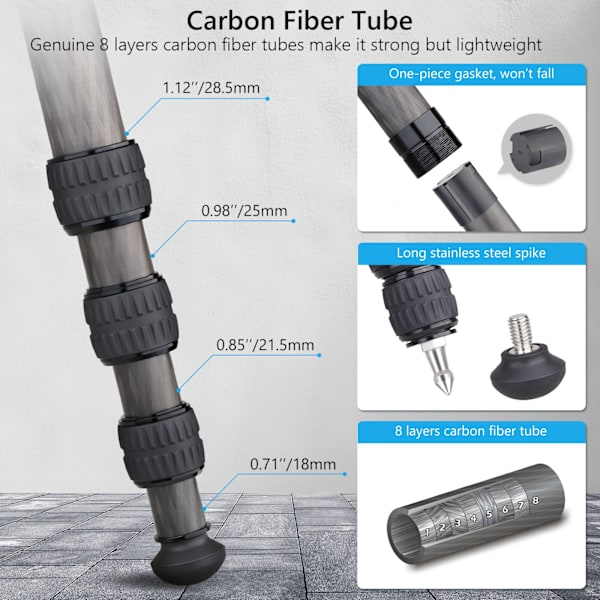 Kompakt design kolfiberstativ med stenpåse 28,5 mm Max Benrör Stabil lätt kolfiber för Canon Sony Nikon DSLR digitalkameror