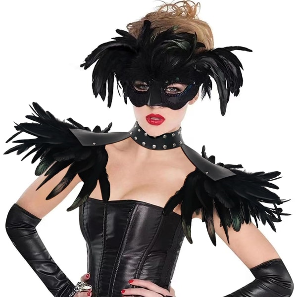 Gothic fjäder axelklaffar Bolero Epauletter Punk Läder vårkappa med choker ving axel för Halloween (C-Schwarz-001)