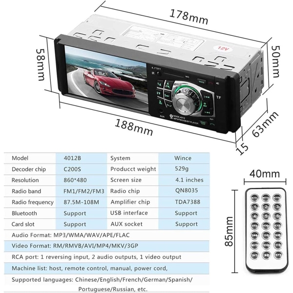 Biladapter 4012B Audio Radio FM TF USB AUX Stöd Biltillbehör 4.1" Bil MP5-spelare Bluetooth Stereo In-dash 7 färger Bakgrundsbelysning