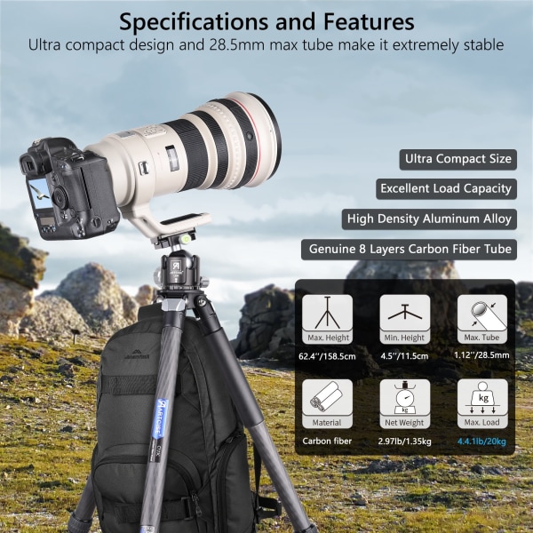 Kompakt design kolfiberstativ med stenpåse 28,5 mm Max Benrör Stabil lätt kolfiber för Canon Sony Nikon DSLR digitalkameror