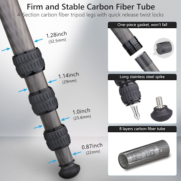 Kompakt design kolfiberstativ med stenväska 32,5 mm Max Benrör Stabil lätt kolfiber för Canon Sony Nikon DSLR