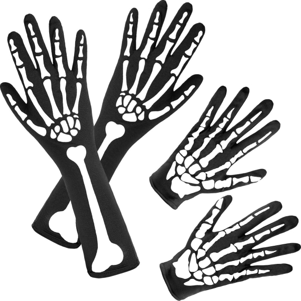 2 par Skeletthandskar Helfinger Skeletthandskar Svarta Långarmar Handskeletthandskar för barn Män Kvinnor Halloween Kostymtillbehör