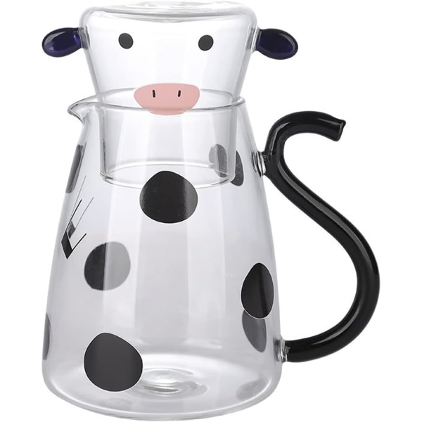 Cow Print Karaff Set, Cartoon Cow Clear Glass Nattvattenkaraff Set med tumlare, kanna och kopp set för att hålla juice (1800ML)