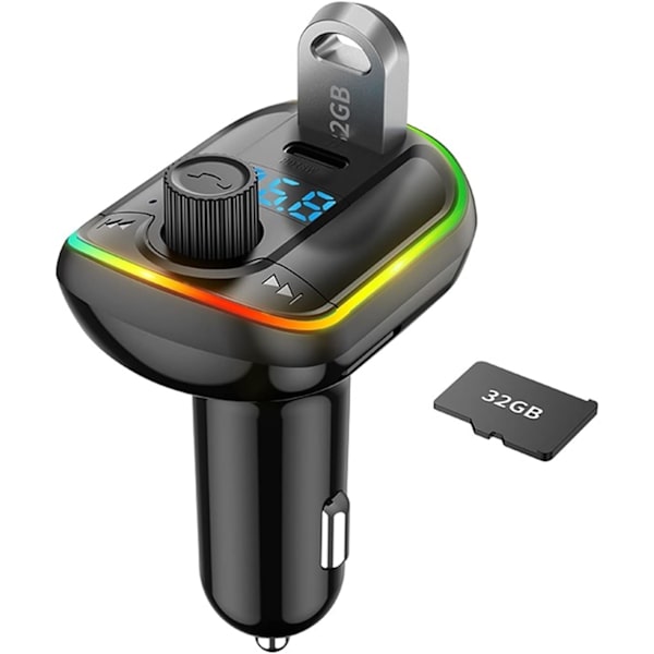 Biladapter FM-sändare Bilsats Handsfree Trådlös Bluetooth 5.0 MP3-spelare USB PD 18W Snabbladdare Handsfree Färgglada atmosfärsljus