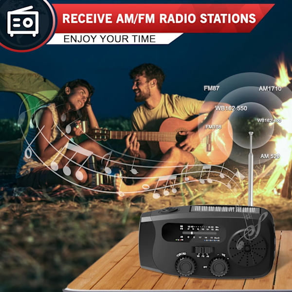 Vevradio med solcellshandvevad ficklampa - 2000mAh power - svart och röd