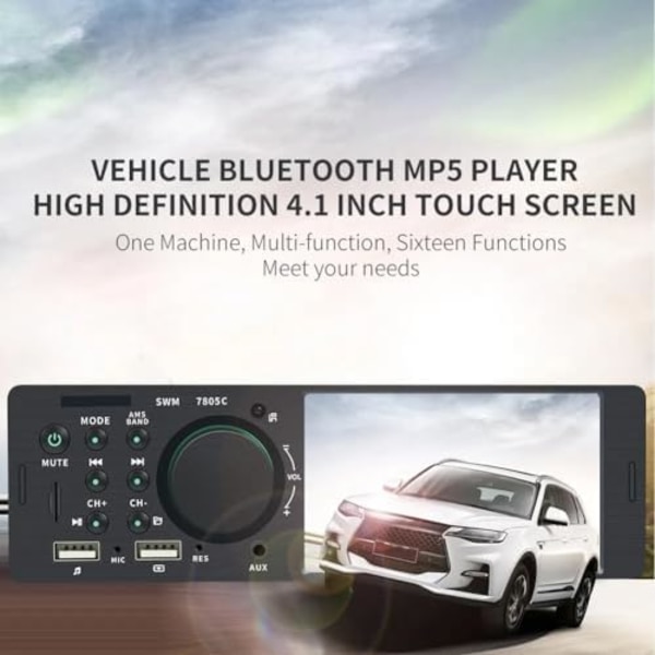 4.1-authorradio, pekskärm, Bluetooth, musik, handsfree-system, MP5-spelare, TF, USB laddning, fjärrkontroll, musikljudsystem, slitstark