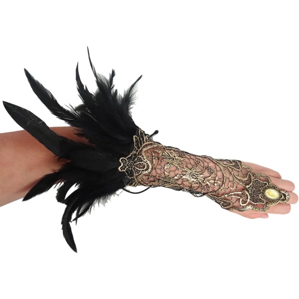 Dam svart fjäder spets fingerlösa långa handskar för bröllop Halloween Maleficent kostym