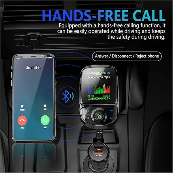 Biladapter Bil FM-sändare Färg Bluetooth 5.0 trådlös modulator Mp3-spelare QC 3.0 Dubbel USB -laddare Röstsändning Bluetooth