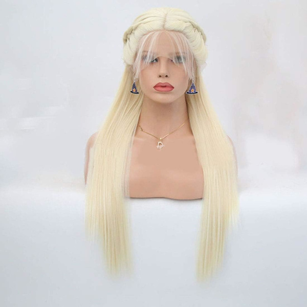 Hair Extensions Fashian Wig damer mellanlångt rakt hår flätade flätor främre spetsar kemiska fiberperuker (Färg: Krämvit, Storlek: 22