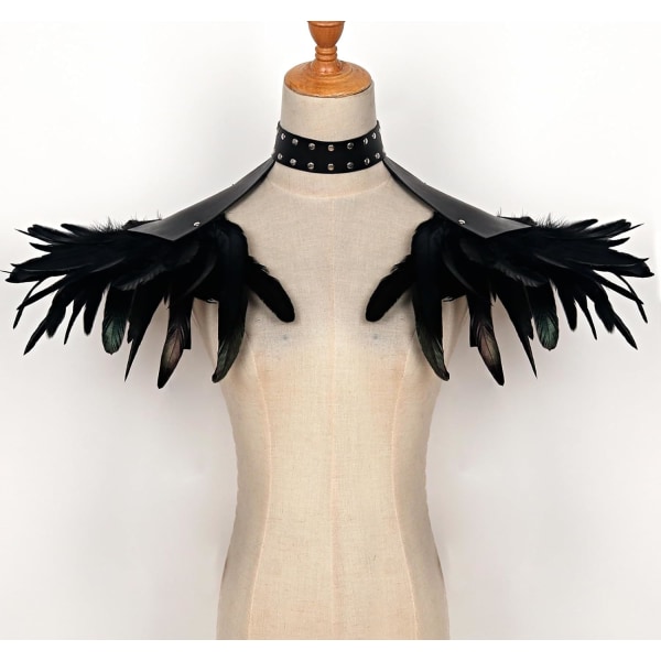 Gothic fjäder axelklaffar Bolero Epauletter Punk Läder vårkappa med choker ving axel för Halloween (C-Schwarz-001)