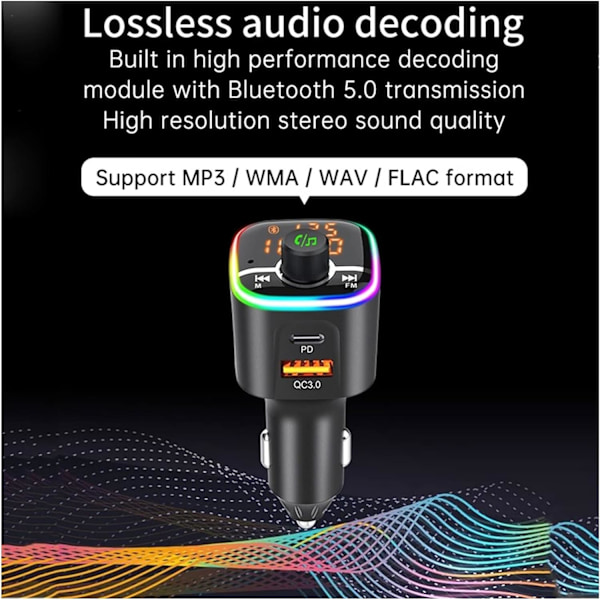 Biladapter FM-sändare Trådlös modulator MP3-spelare BC68 Bil QC3.0 PD USB Snabbladdare Bluetooth Handsfree Kit Färgglad atmosfärslampa