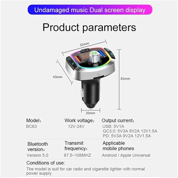Biladapter Bluetooth 5.0 Car Kit Handsfree Trådlös FM-sändare Bil MP3-spelare med PD18W QC3.0 Snabbladdning Billaddare Bluetooth