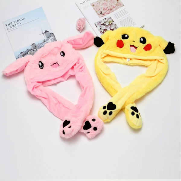 Pikachu Hatt Kanin Öra Rörlig Hoppa Hatt Funny Bunny Plysch hatt Cap rosa kanin