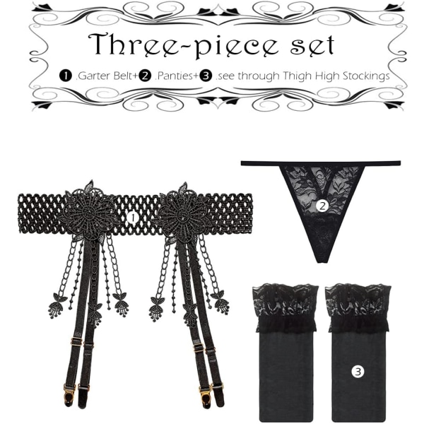 Kvinnor 3 underkläder set - sexigt spetsiga strumpor band & strumpor & g-string-tanga
