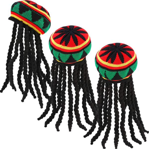 3-pack Rasta hatt med svarta dreadlocks peruk Rasta peruk Cap för kostymtillbehör