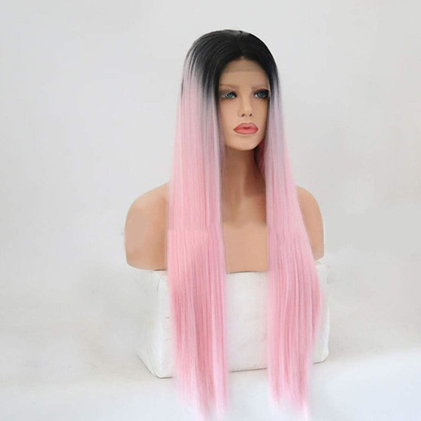 Hårförlängningar Fashian Front Spets Kemisk Fiber Peruk Svart Gradient Rosa Medium Lång Rakt hår Peruk Huvudbonader (Färg: Fotofärg, Storlek