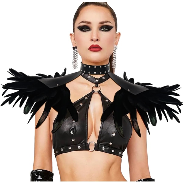 Gothic fjäder axelklaffar Bolero Epauletter Punk Läder vårkappa med choker ving axel för Halloween (C-Schwarz-001)