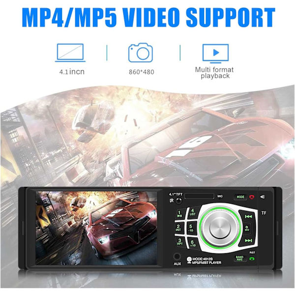 Biladapter 4012B Audio Radio FM TF USB AUX Stöd Biltillbehör 4.1" Bil MP5-spelare Bluetooth Stereo In-dash 7 färger Bakgrundsbelysning