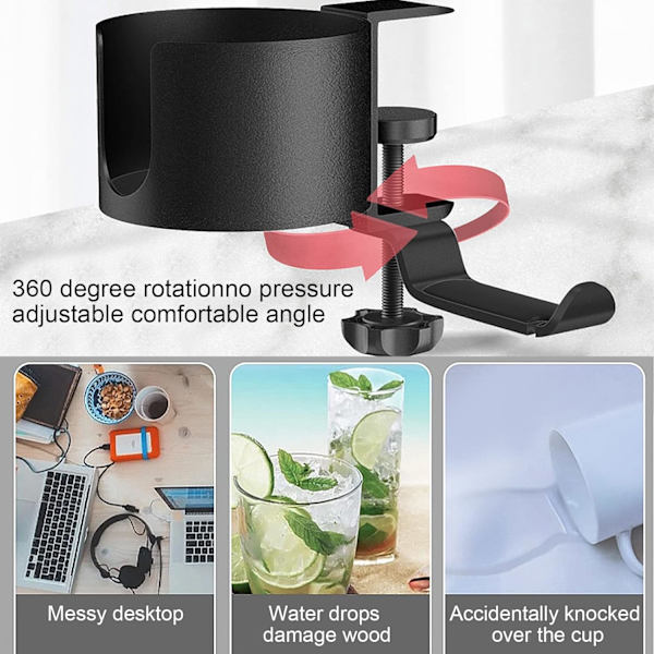 Skrivbordsmugghållare, 360° rotation Hörlurshållare Aluminium Headset Stativ Hörlurskrok, 2 i 1 Anti-Spill mugghållare, lätt