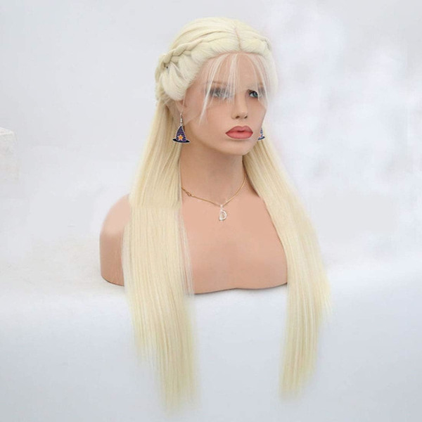 Hair Extensions Fashian Wig damer mellanlångt rakt hår flätade flätor främre spetsar kemiska fiberperuker (Färg: Krämvit, Storlek: 22