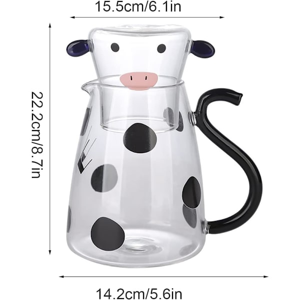 Cow Print Karaff Set, Cartoon Cow Clear Glass Nattvattenkaraff Set med tumlare, kanna och kopp set för att hålla juice (1800ML)