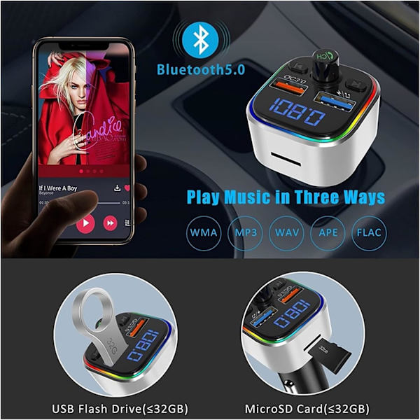 Biladapter T32 RGB Bil FM-sändare Bluetooth 5.0 Handsfree Trådlös MP3 Radio Adapter Player QC3.0 Dual USB Snabbladdning Bil FM-modulator