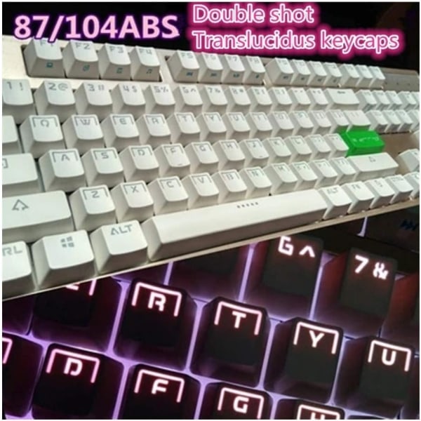 104 tangenter Translucidus Key Cap ABS Dubbelfärg Translucidus Bakgrundsbelysning Tangentkapslar för switchar ANSI mekaniskt tangentbord (Färg: Vit)