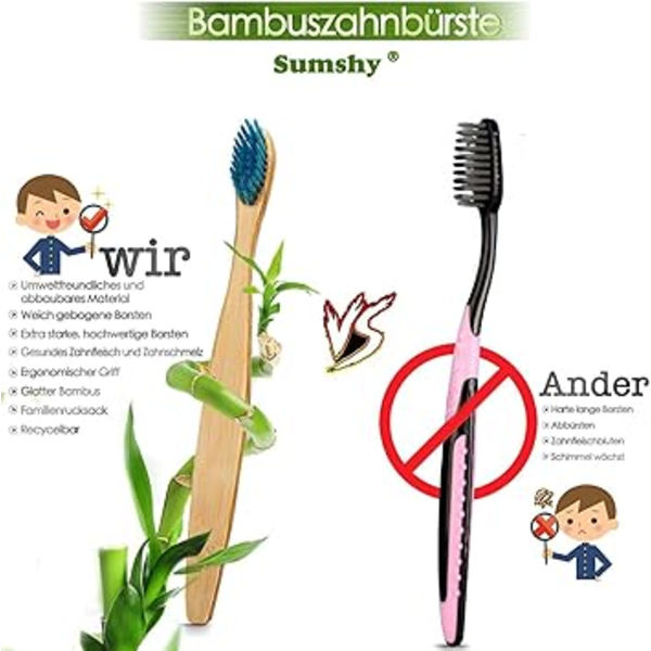 Förpackning med 10 mjuka tandborstar i bambu, premium tandborsteborstar, 100 % BPA-fri, plastfri