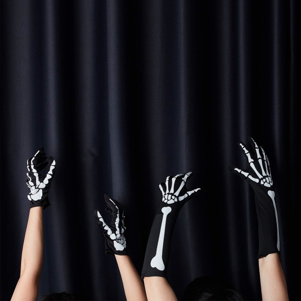 2 par Skeletthandskar Helfinger Skeletthandskar Svarta Långarmar Handskeletthandskar för barn Män Kvinnor Halloween Kostymtillbehör