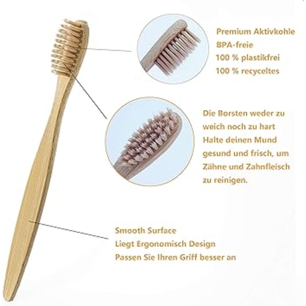 Förpackning med 10 mjuka tandborstar i bambu, premium tandborsteborstar, 100 % BPA-fri, plastfri
