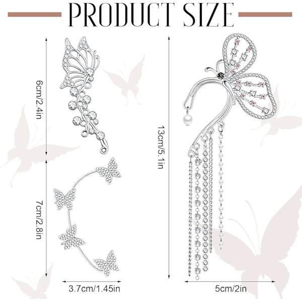 6 delar Butterfly Ear Cuff Fjärilsörhängen Butterfly Ear Crawler Clip Wrap Diamond Zircon Stud örhängen för kvinnor Flickor