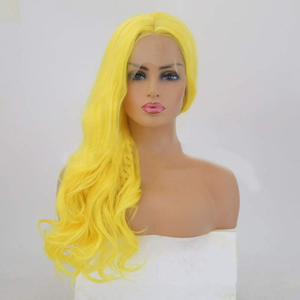 Hårförlängningar Fashian Halloween Peruk Kvinna Front Spets Lång Roll Gul Big Wave Makeup Klänning Peruk Rekvisita (Färg: Gul, Storlek: 20 tum)