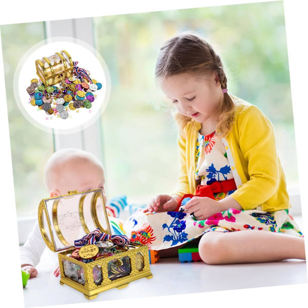 1 Set Set Skattkista Skattkista Barn Skattkista Leksaker Piratkista Plast Låtsas Piratskatt Plastmedaljer Polyester Antik