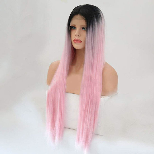 Hårförlängningar Fashian Front Spets Kemisk Fiber Peruk Svart Gradient Rosa Medium Lång Rakt hår Peruk Huvudbonader (Färg: Fotofärg, Storlek